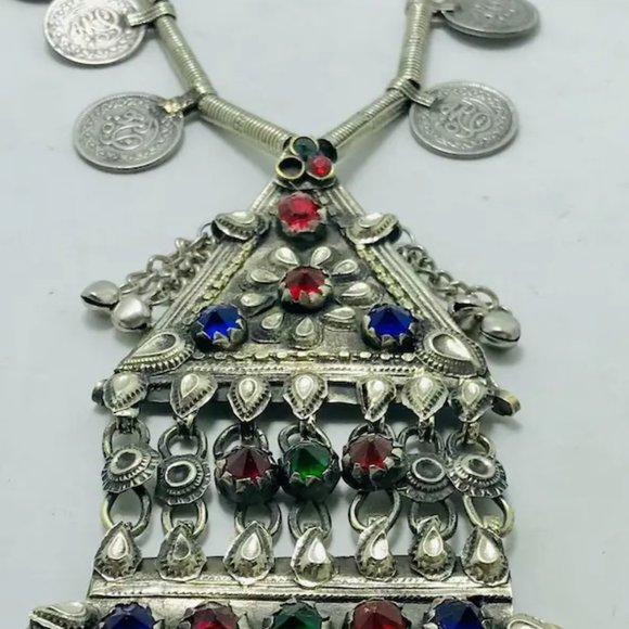 Silver Vintage Long Pendant Necklace with Coins Handmade Afghan Pendant Necklace - Picture 6 of 11